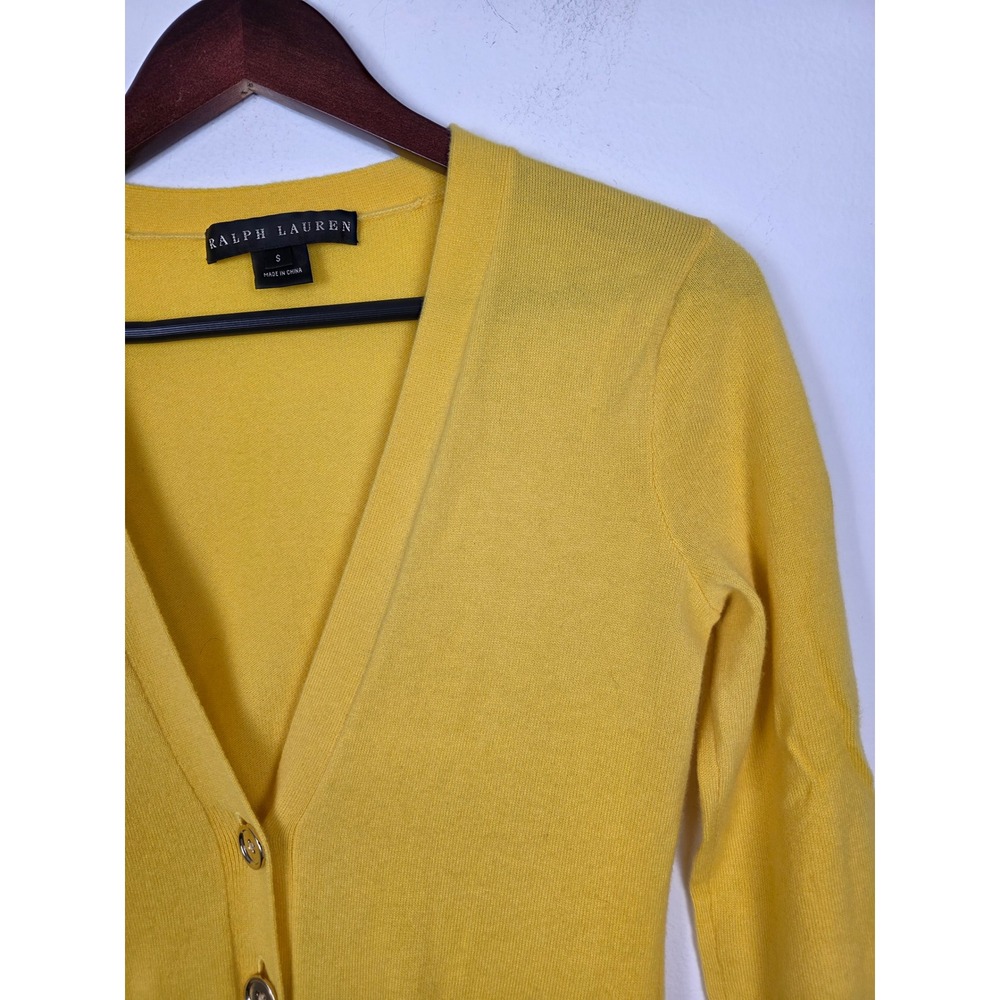 Ralph Lauren Womens Yellow Cashmere V Neck Button Front Cardigan Sweater Size S - Picture 3 of 8